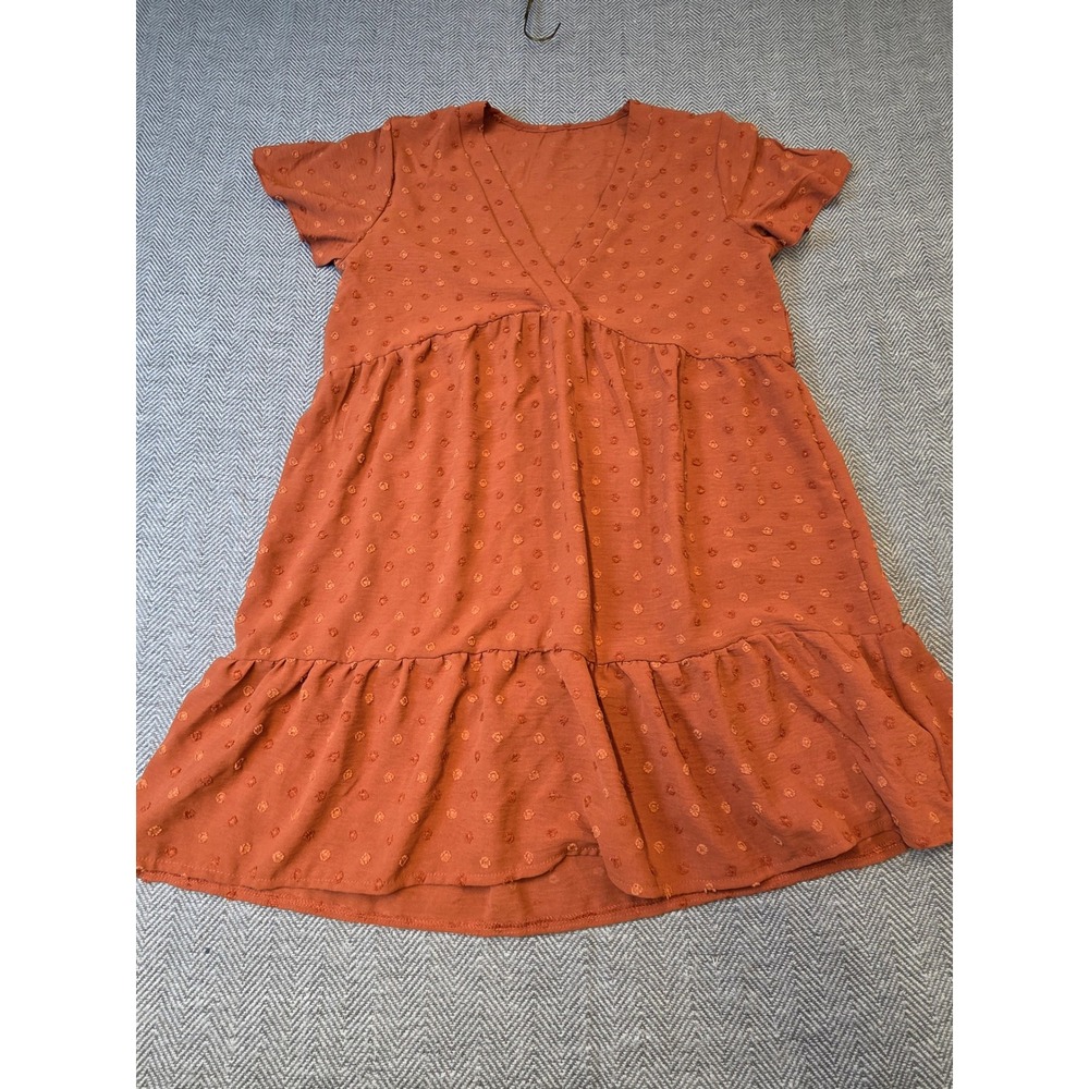 Shein Mini Dress Womens 6 Orange Swiss Dot Textured Short Sleeve V Neck Pullover